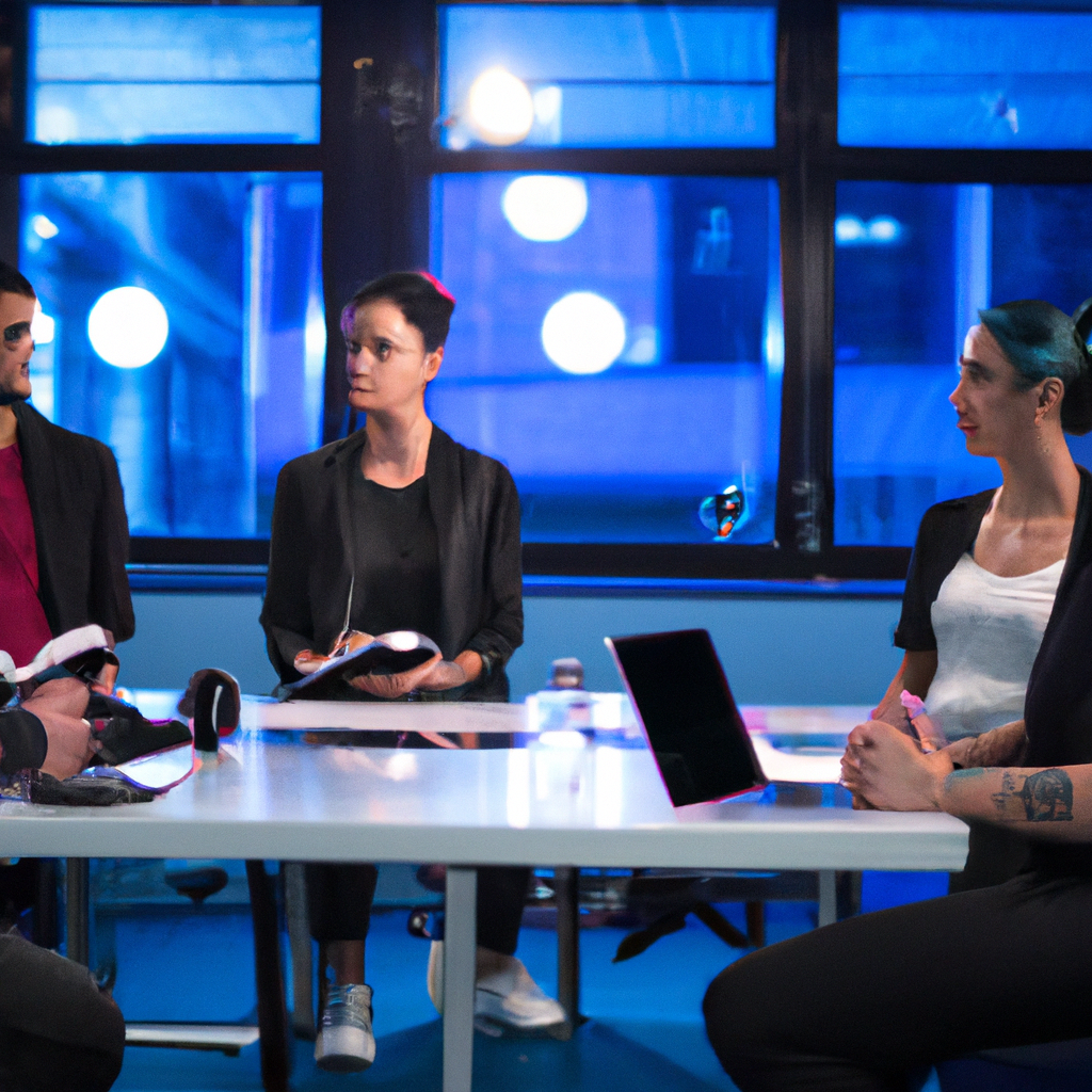 Team coaching session with global professionals practicing public speaking in a modern studio